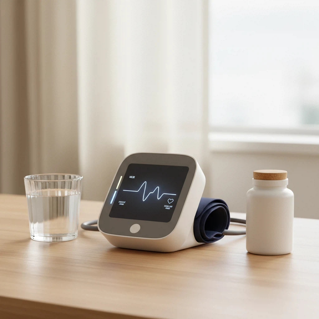 Home blood pressure monitor on a wooden surface - magnesium for normal blood pressure support