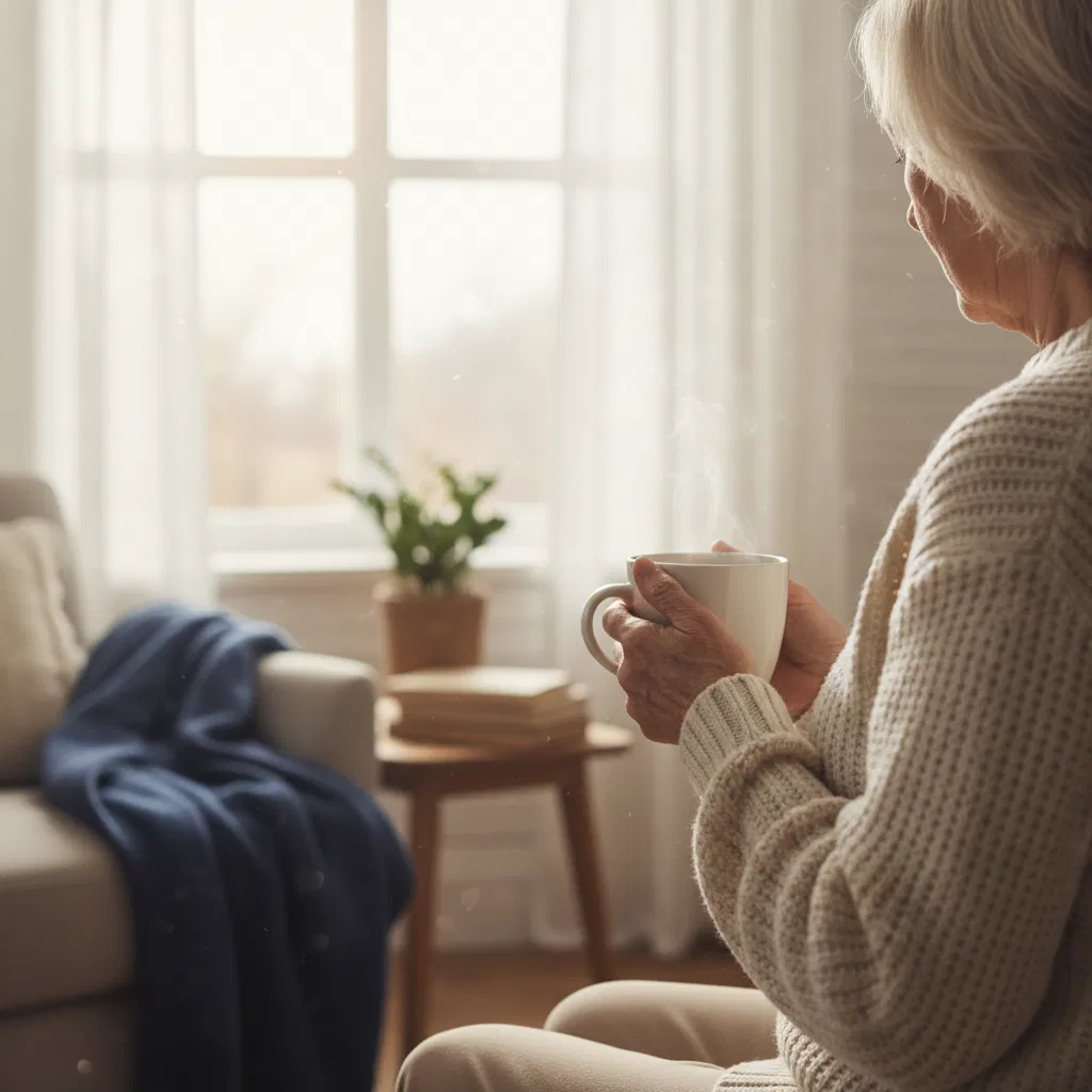 Anonymous older adult at a bright window with a warm drink - daily supplement for healthy circulation over 50